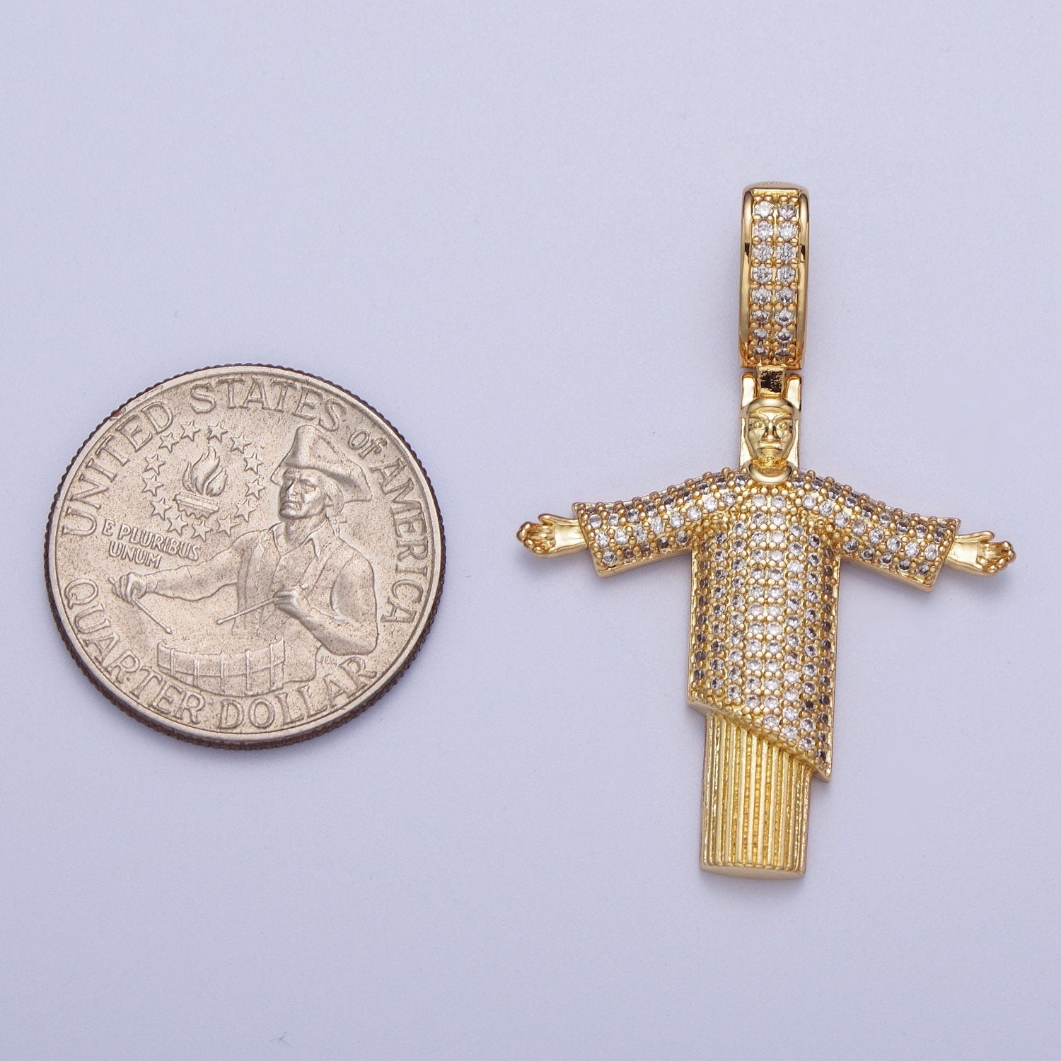 Cubic Gold Religious Figure Pendant, 24K Gold Plated Micro Paved CZ Christ the Redeemer Statue Pendant for Religious Jewelry Supply | X-535