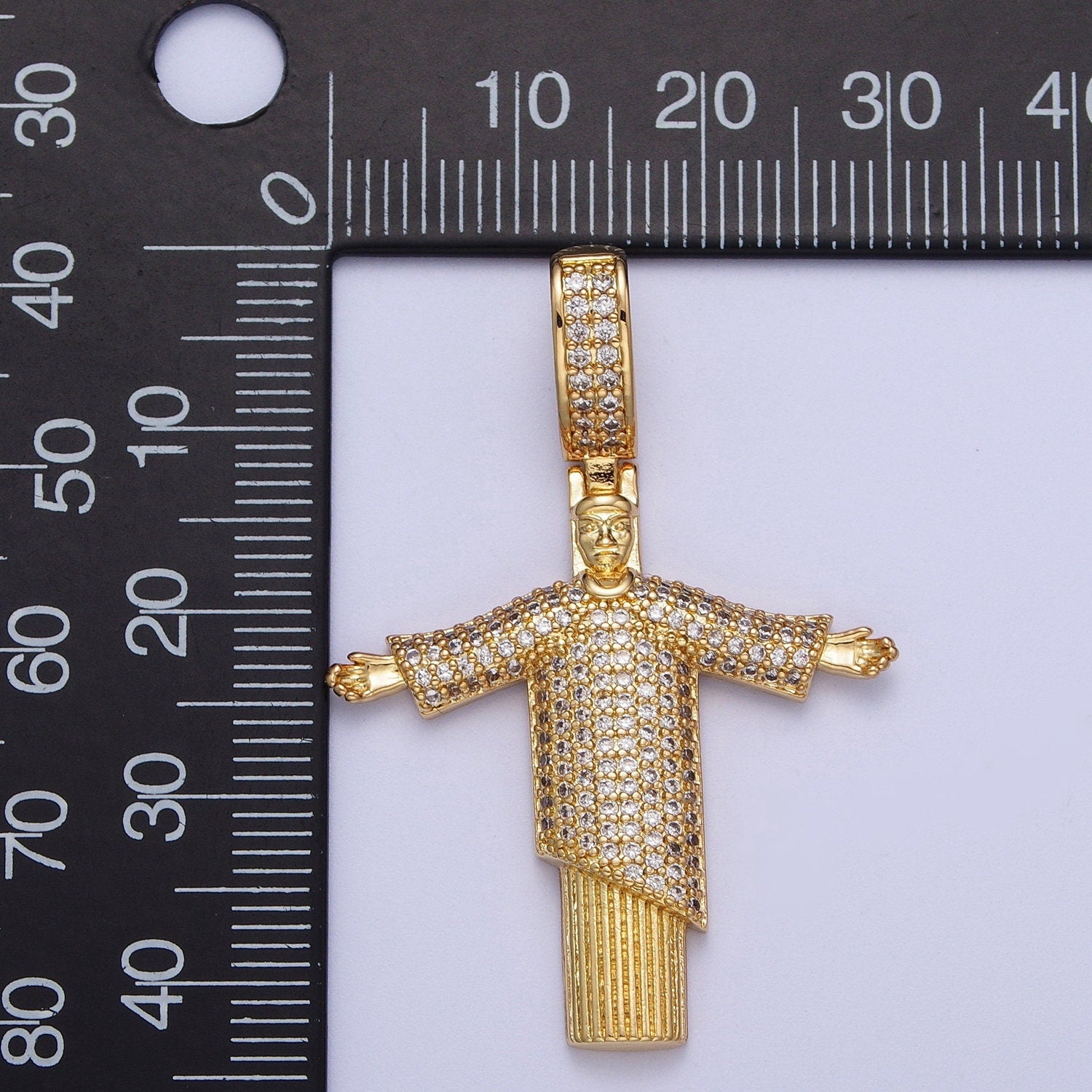 Cubic Gold Religious Figure Pendant, 24K Gold Plated Micro Paved CZ Christ the Redeemer Statue Pendant for Religious Jewelry Supply | X-535