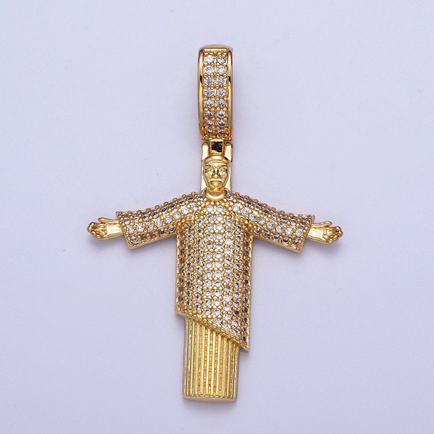 Cubic Gold Religious Figure Pendant, 24K Gold Plated Micro Paved CZ Christ the Redeemer Statue Pendant for Religious Jewelry Supply | X-535