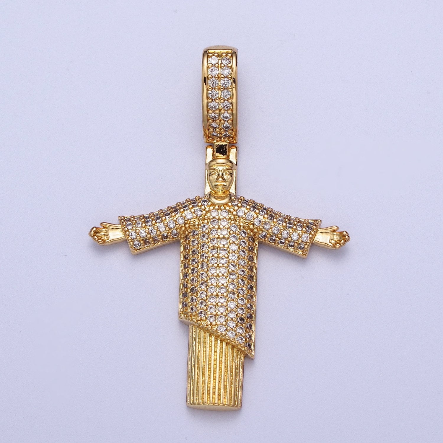Cubic Gold Religious Figure Pendant, 24K Gold Plated Micro Paved CZ Christ the Redeemer Statue Pendant for Religious Jewelry Supply | X-535