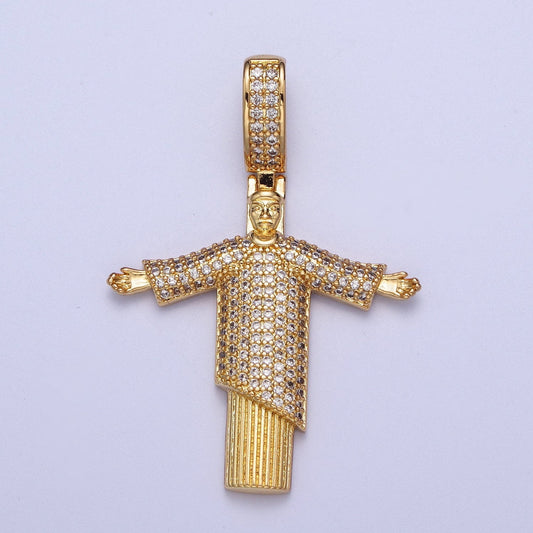 Cubic Gold Religious Figure Pendant, 24K Gold Plated Micro Paved CZ Christ the Redeemer Statue Pendant for Religious Jewelry Supply | X-535