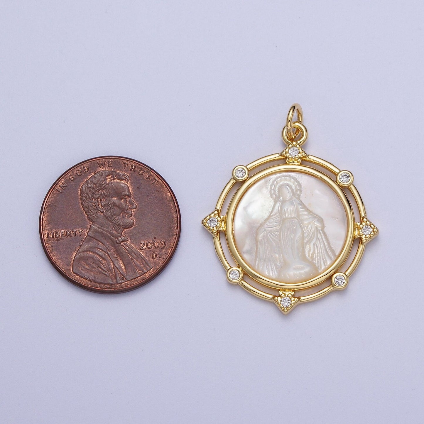 Pearl Gold Virgin Mary & Eye of Ra Coin Medallion Pendant, 24K Gold Plated Clear Micro Paved CZ Pearl Finish Round Charm | X-726, X-727