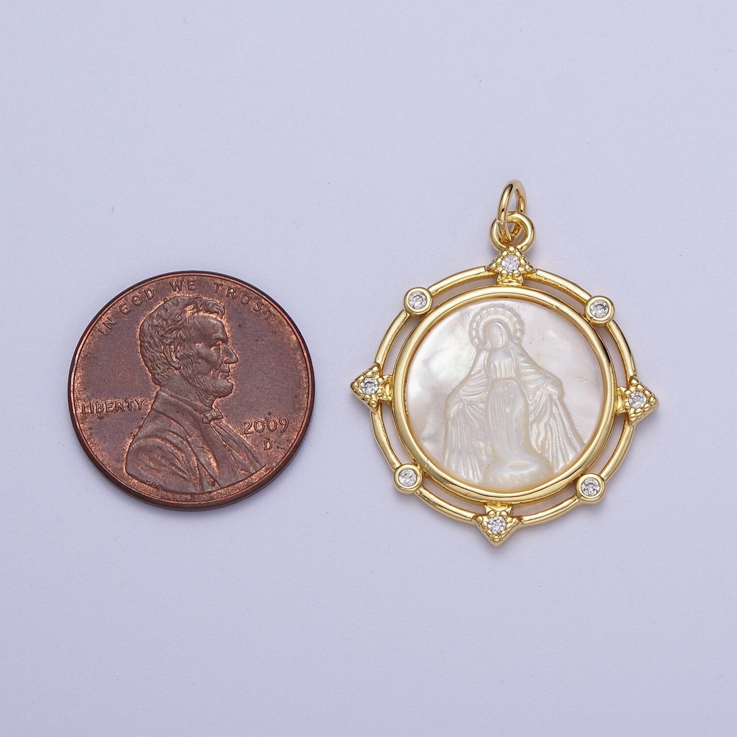 Pearl Gold Virgin Mary & Eye of Ra Coin Medallion Pendant, 24K Gold Plated Clear Micro Paved CZ Pearl Finish Round Charm | X-726, X-727