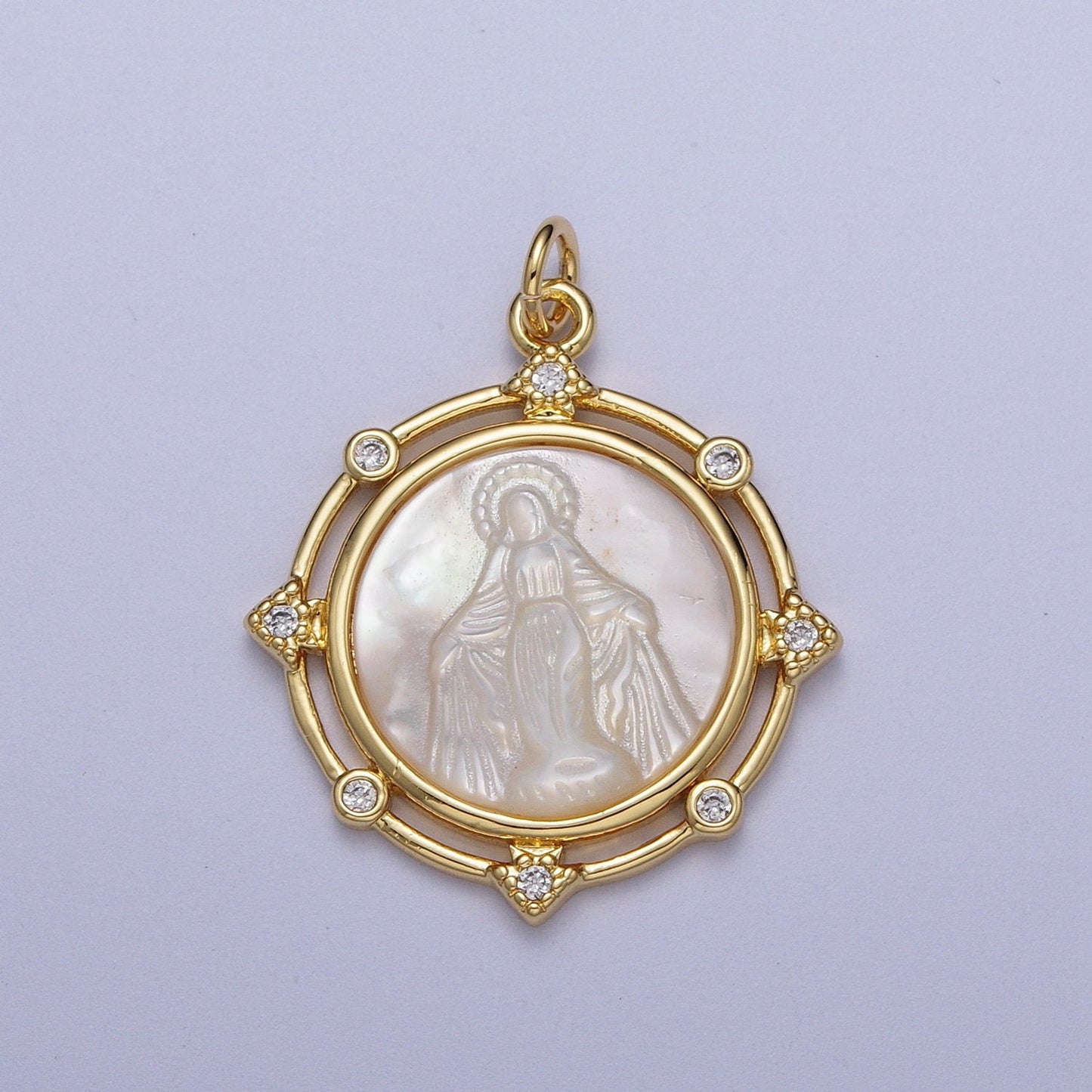 Pearl Gold Virgin Mary & Eye of Ra Coin Medallion Pendant, 24K Gold Plated Clear Micro Paved CZ Pearl Finish Round Charm | X-726, X-727