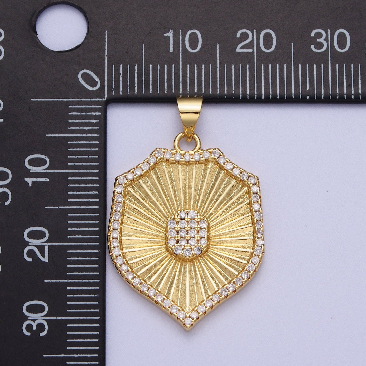 Gold CZ Sunburst Armor Badge Pendant, 24K Gold Plated Clear Micro Paved CZ Authority Badge-Shaped Armor Charm | X-536