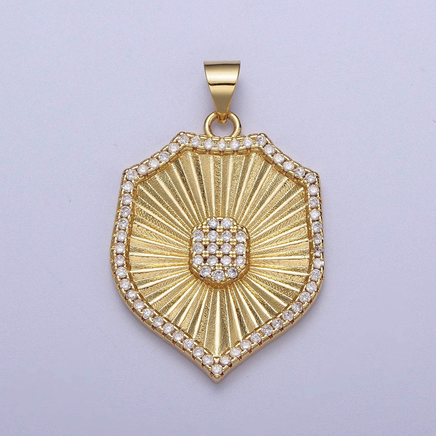 Gold CZ Sunburst Armor Badge Pendant, 24K Gold Plated Clear Micro Paved CZ Authority Badge-Shaped Armor Charm | X-536