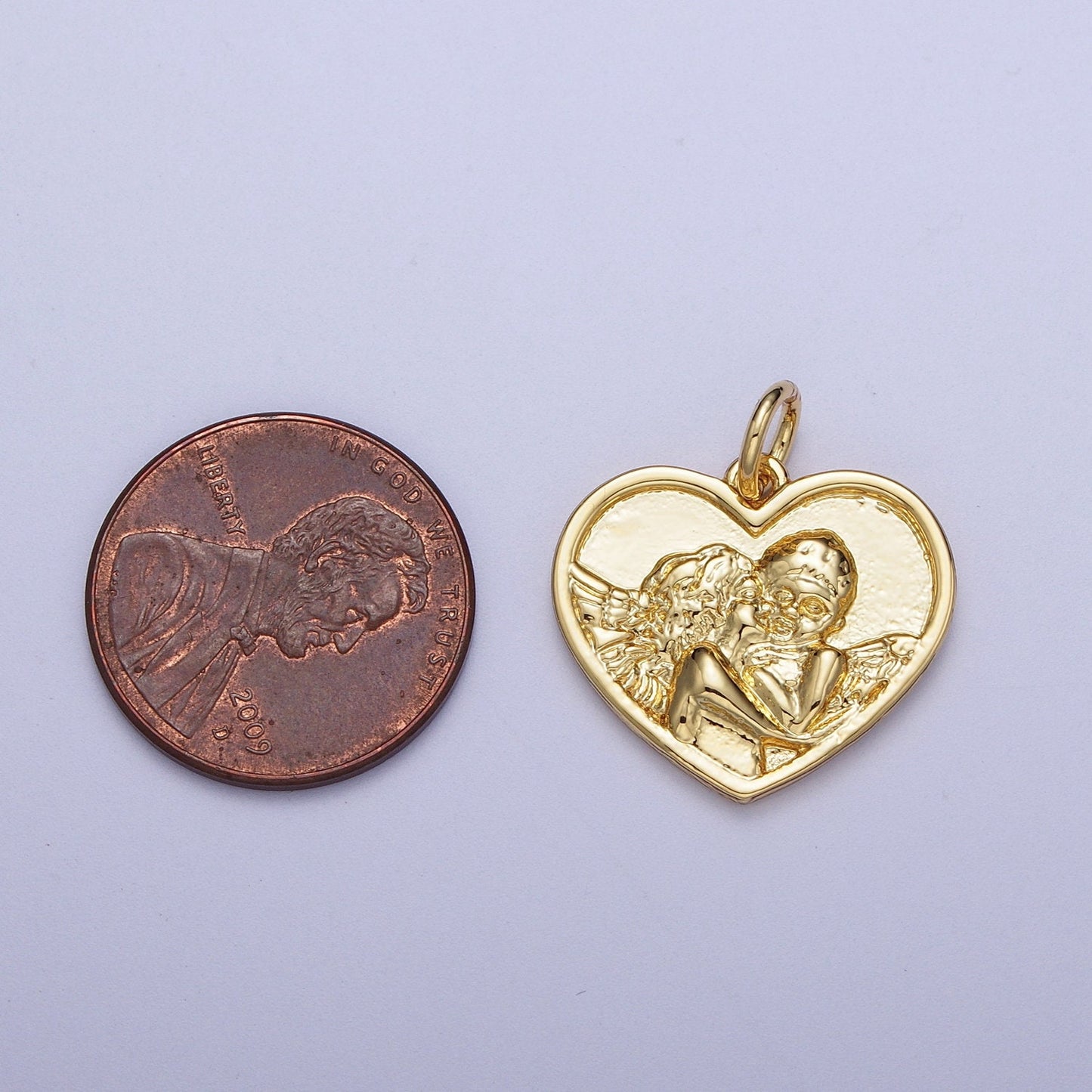 Gold Heart Cherub Angel Pendant, 24K Gold Plated Guardian Angel Kissing Cupid Angels Charm | X-729