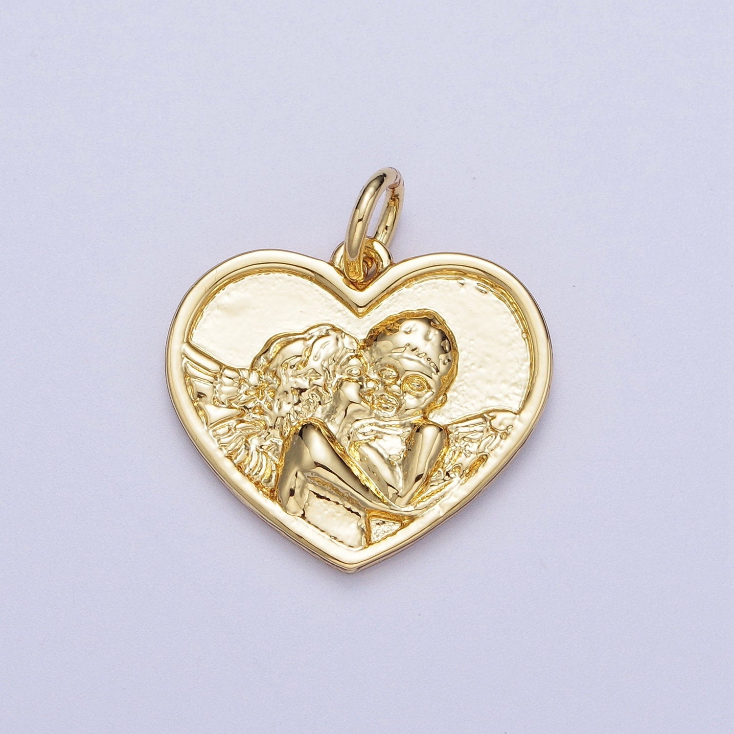 Gold Heart Cherub Angel Pendant, 24K Gold Plated Guardian Angel Kissing Cupid Angels Charm | X-729