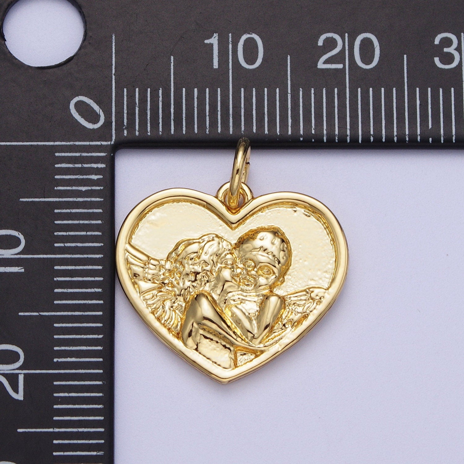 Gold Heart Cherub Angel Pendant, 24K Gold Plated Guardian Angel Kissing Cupid Angels Charm | X-729