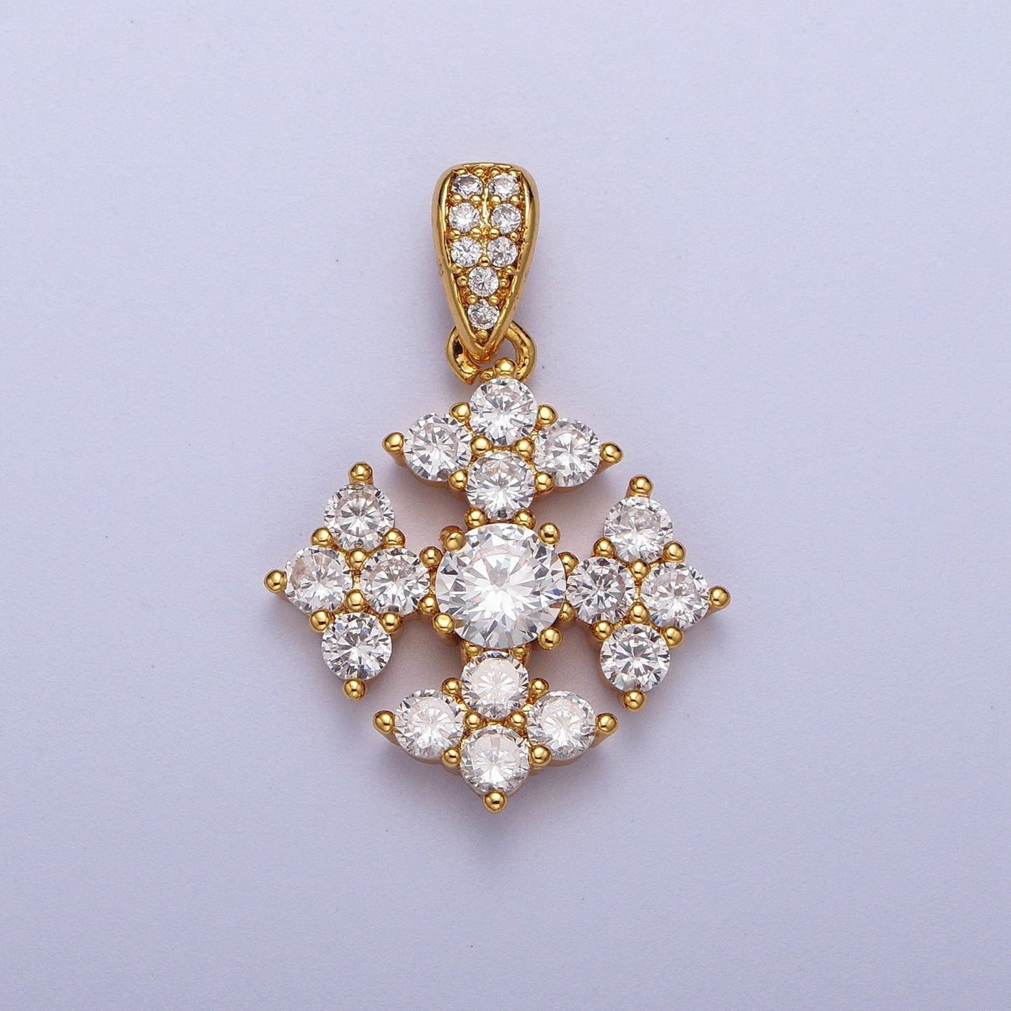 Gold CZ Snowflake Patterned Pendant, 24K Gold Plated Clear Micro Paved CZ Cross Snowflake Charm w. CZ Bail Charm | X-679