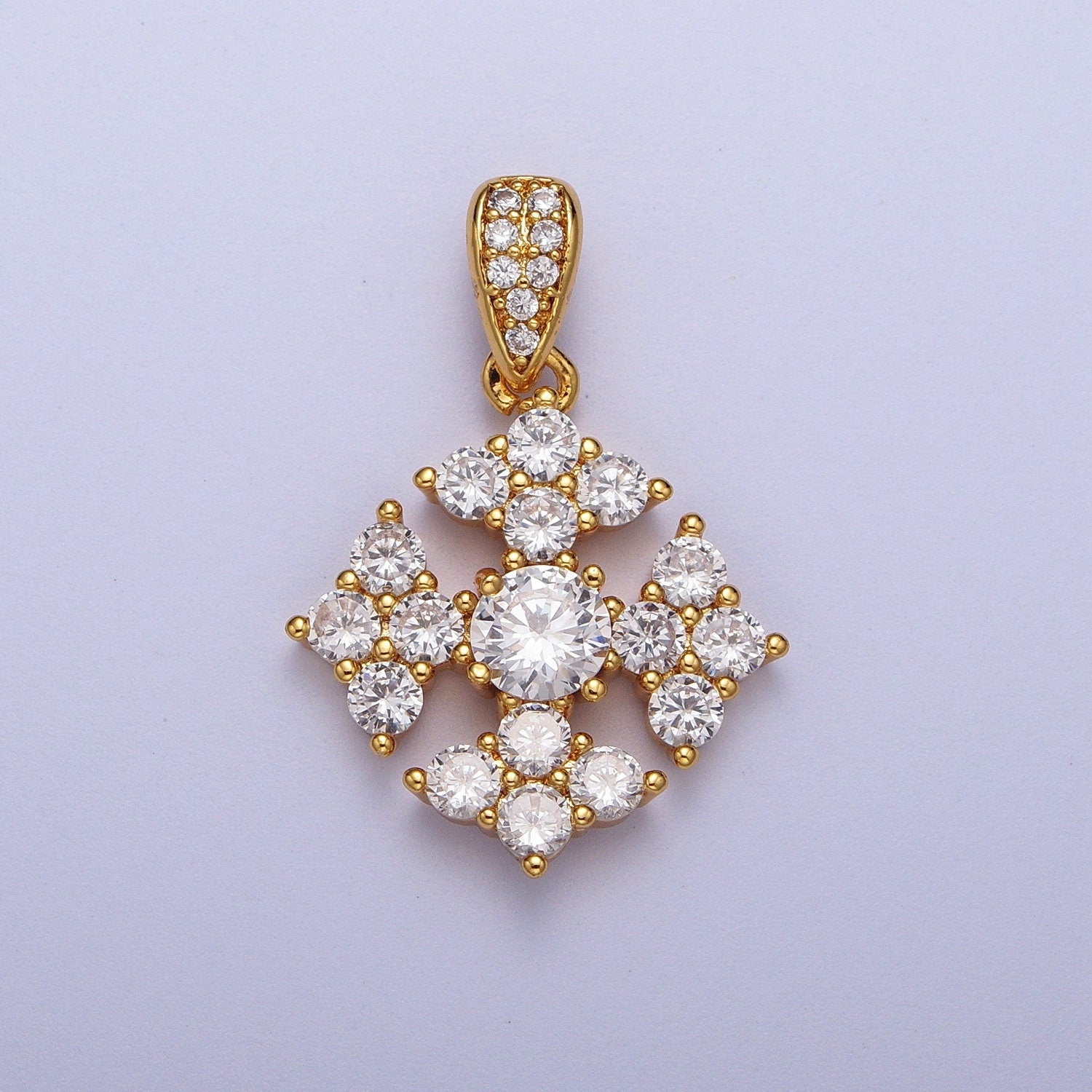 Gold CZ Snowflake Patterned Pendant, 24K Gold Plated Clear Micro Paved CZ Cross Snowflake Charm w. CZ Bail Charm | X-679