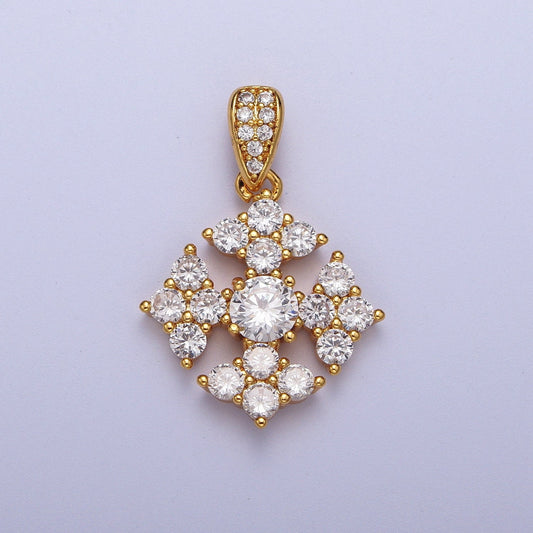 Gold CZ Snowflake Patterned Pendant, 24K Gold Plated Clear Micro Paved CZ Cross Snowflake Charm w. CZ Bail Charm | X-679