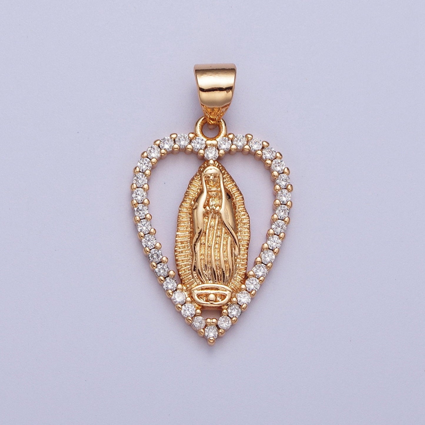 Gold CZ Virgin Mary Heart Pendant, 18K Gold Filled Clear Micro Pave CZ Love Sunburst Light Our Lady of Guadalupe Religious Charm | X-680