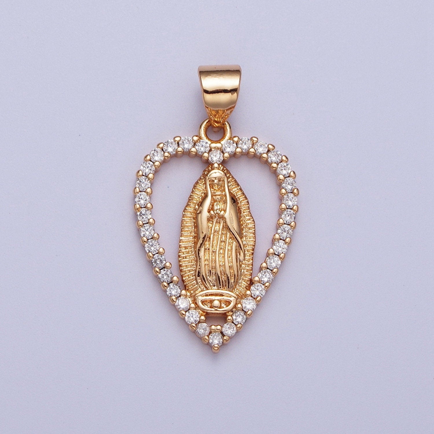 Gold CZ Virgin Mary Heart Pendant, 18K Gold Filled Clear Micro Pave CZ Love Sunburst Light Our Lady of Guadalupe Religious Charm | X-680