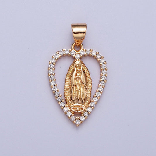 Gold CZ Virgin Mary Heart Pendant, 18K Gold Filled Clear Micro Pave CZ Love Sunburst Light Our Lady of Guadalupe Religious Charm | X-680