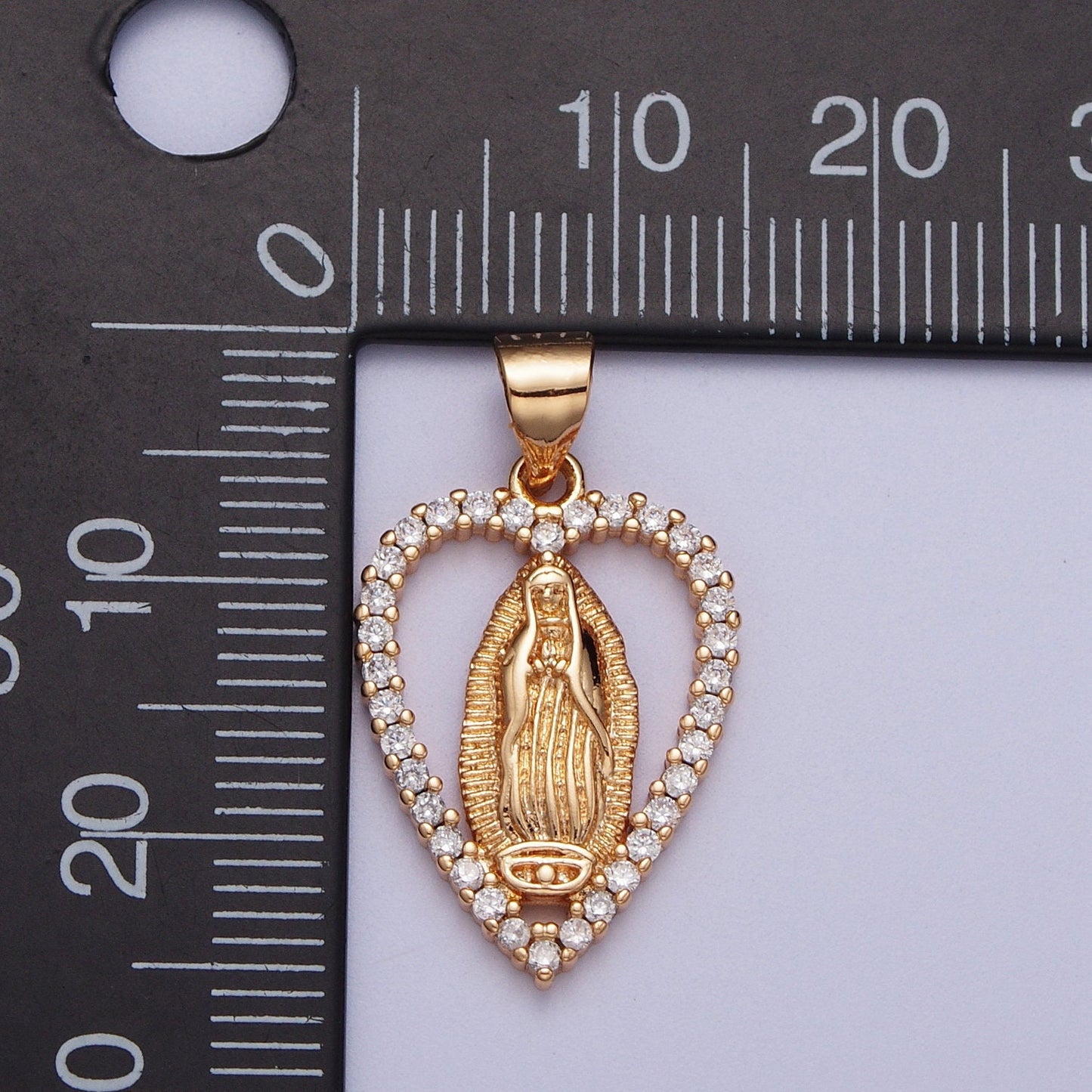 Gold CZ Virgin Mary Heart Pendant, 18K Gold Filled Clear Micro Pave CZ Love Sunburst Light Our Lady of Guadalupe Religious Charm | X-680