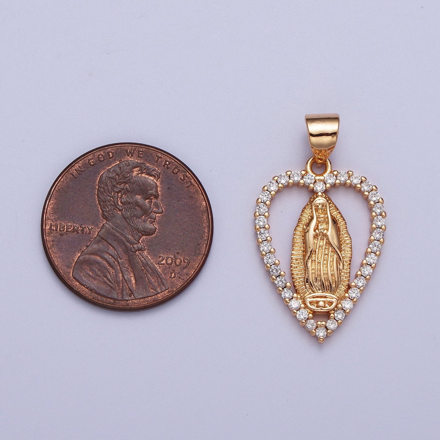 Gold CZ Virgin Mary Heart Pendant, 18K Gold Filled Clear Micro Pave CZ Love Sunburst Light Our Lady of Guadalupe Religious Charm | X-680