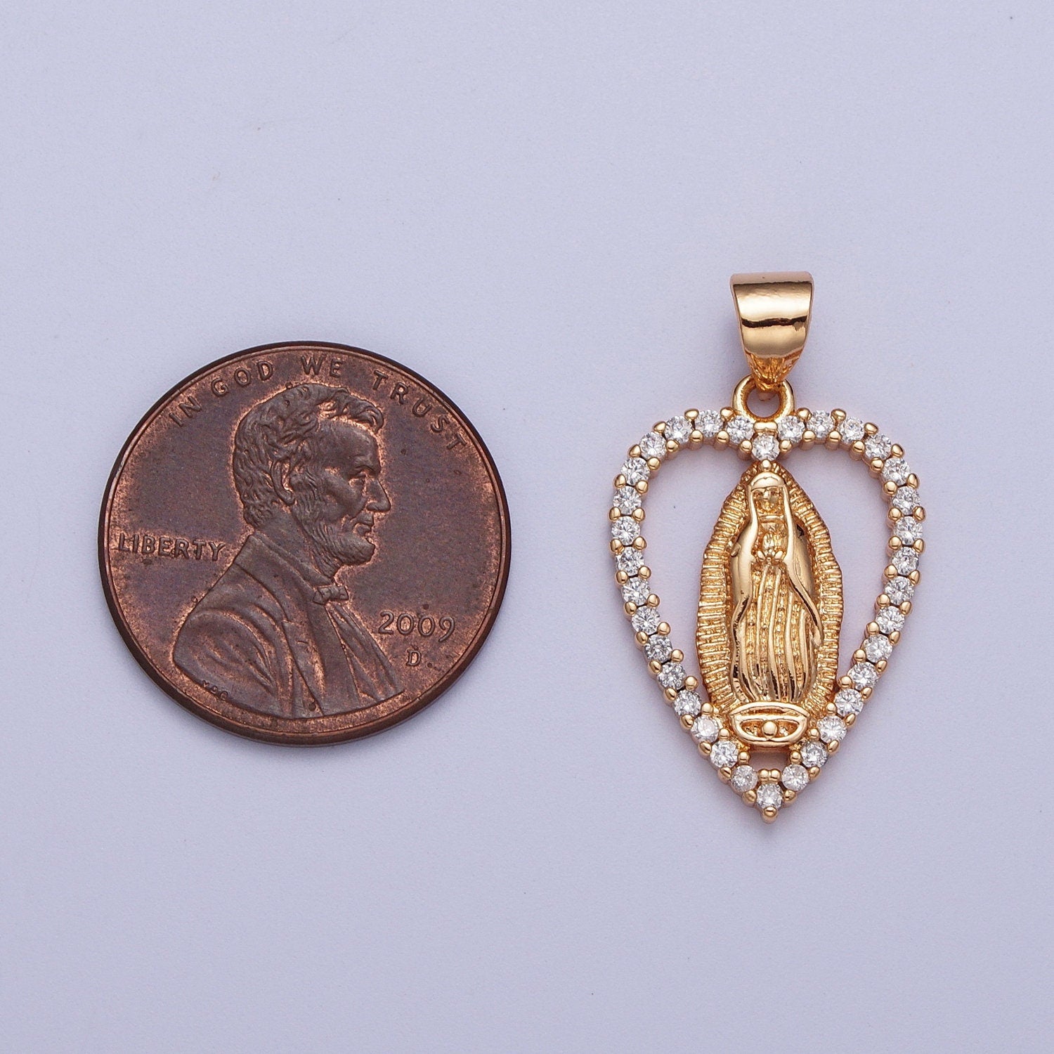 Gold CZ Virgin Mary Heart Pendant, 18K Gold Filled Clear Micro Pave CZ Love Sunburst Light Our Lady of Guadalupe Religious Charm | X-680