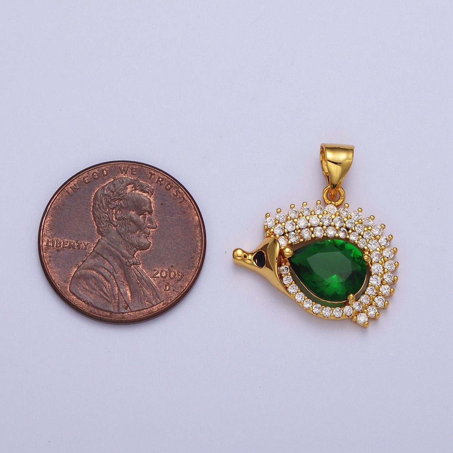 Emerald Green Stone Gold Porcupine Pendant, 24K Gold Plated Clear Micro Paved CZ Black Eyes Emerald Green Body Porcupine Charm | X-681