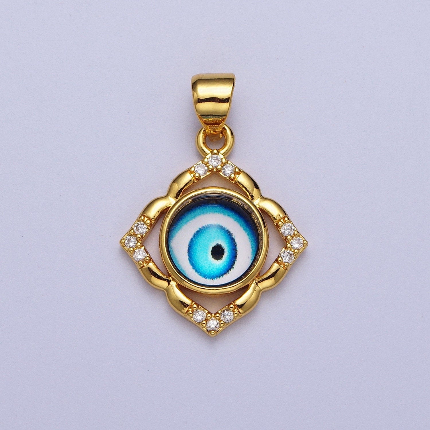Bright Blue Evil Eye Gold Floral Patterned Pandent, 24K Gold Filled Blue Hypnotic Eye of Ra w. Clear Micro Paved CZ Florette Charm | X-685