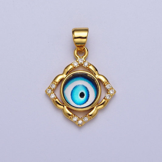 Bright Blue Evil Eye Gold Floral Patterned Pandent, 24K Gold Filled Blue Hypnotic Eye of Ra w. Clear Micro Paved CZ Florette Charm | X-685