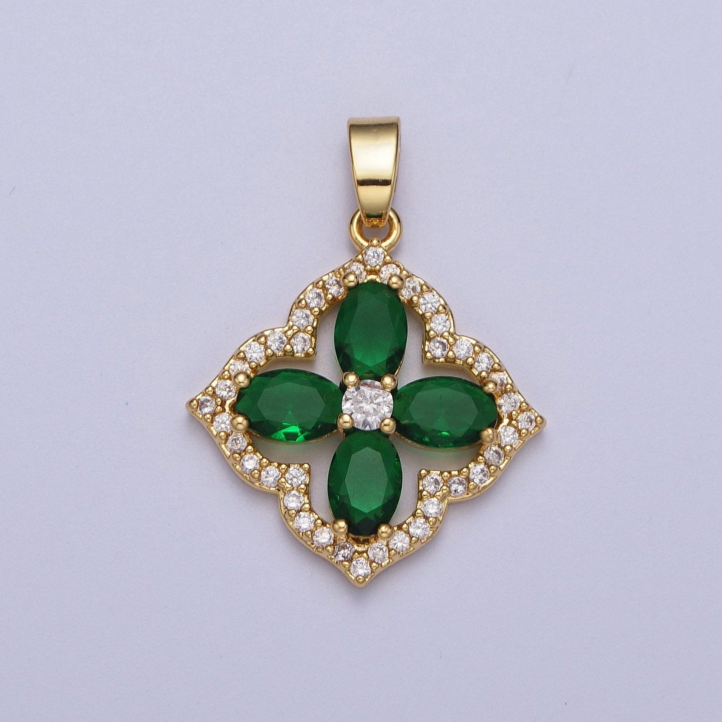 Gold CZ Emerald Green Four-Leaf Clover Lucky Pendant, 24K Gold Plated Emerald Green and  Clear Micro Paved CZ Crystals Charm | X-548