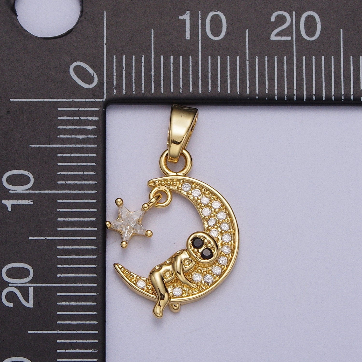 Gold CZ Robot on Moon Star Pendant, 24K Gold Plated Clear Black Micro Paved CZ Celestial Moon & Star Charm | X-670