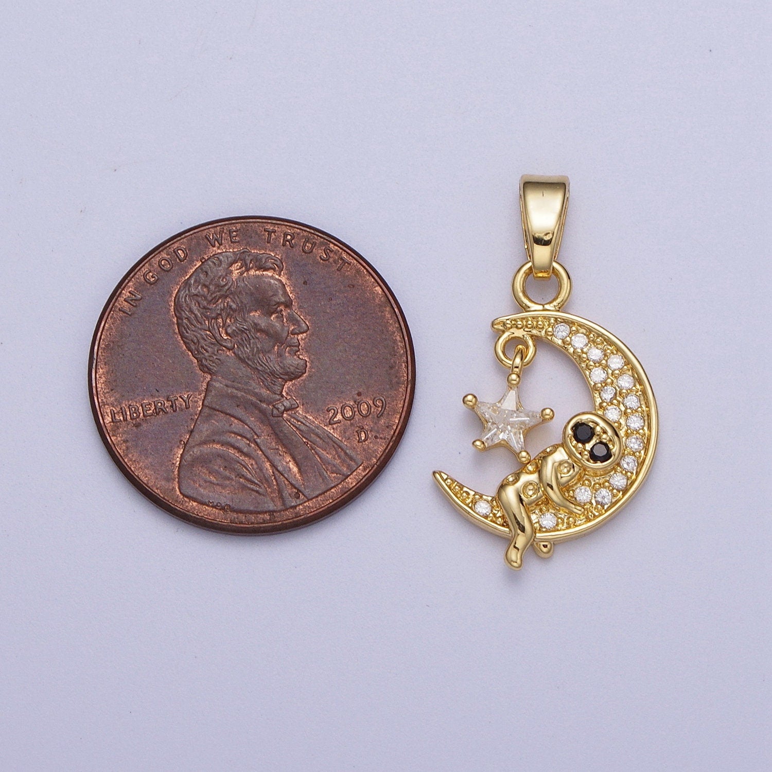 Gold CZ Robot on Moon Star Pendant, 24K Gold Plated Clear Black Micro Paved CZ Celestial Moon & Star Charm | X-670