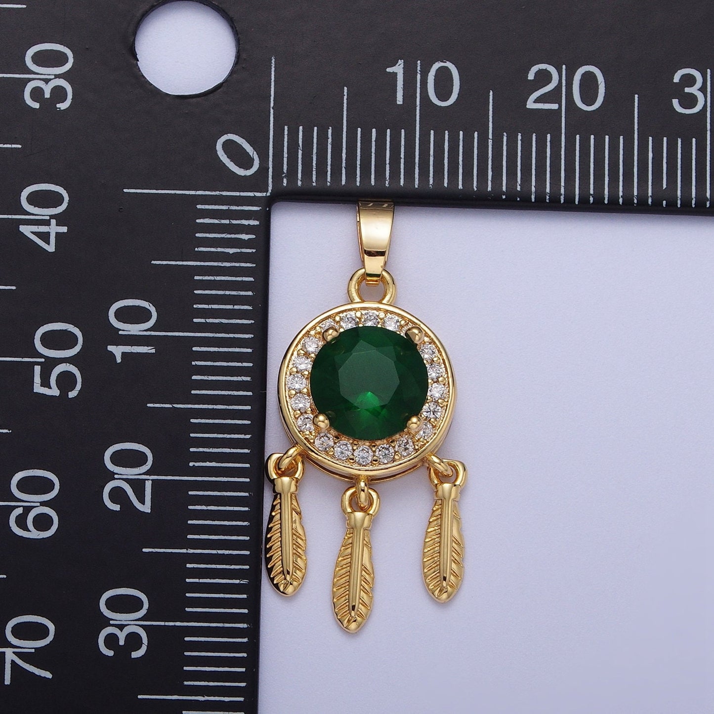 Gold Dream Catcher Pendant, 16K Gold Filled Clear Micro Paved CZ Emerald Green Crystal Diamond Center Dream Catcher Charm | X-696