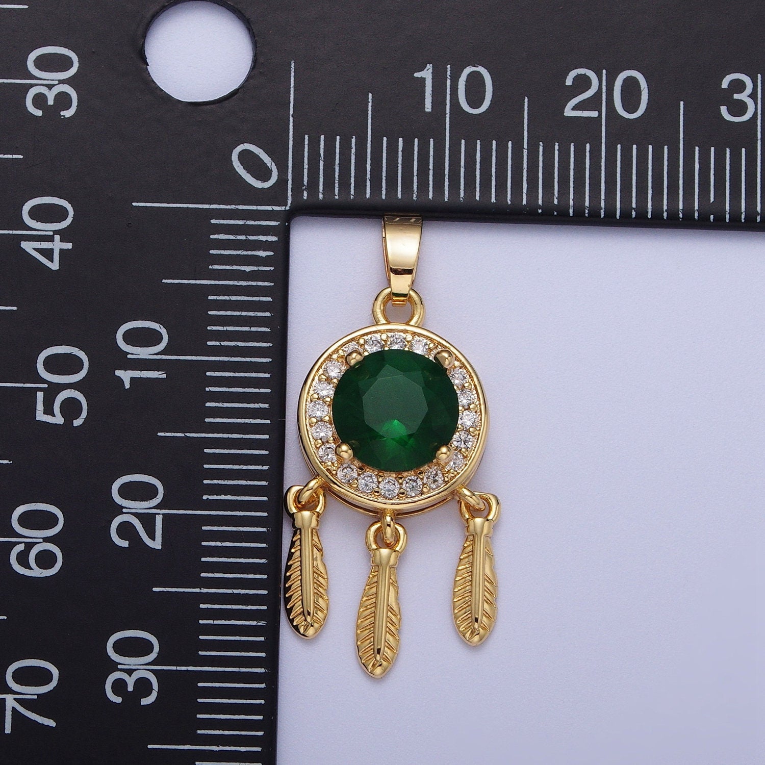 Gold Dream Catcher Pendant, 16K Gold Filled Clear Micro Paved CZ Emerald Green Crystal Diamond Center Dream Catcher Charm | X-696