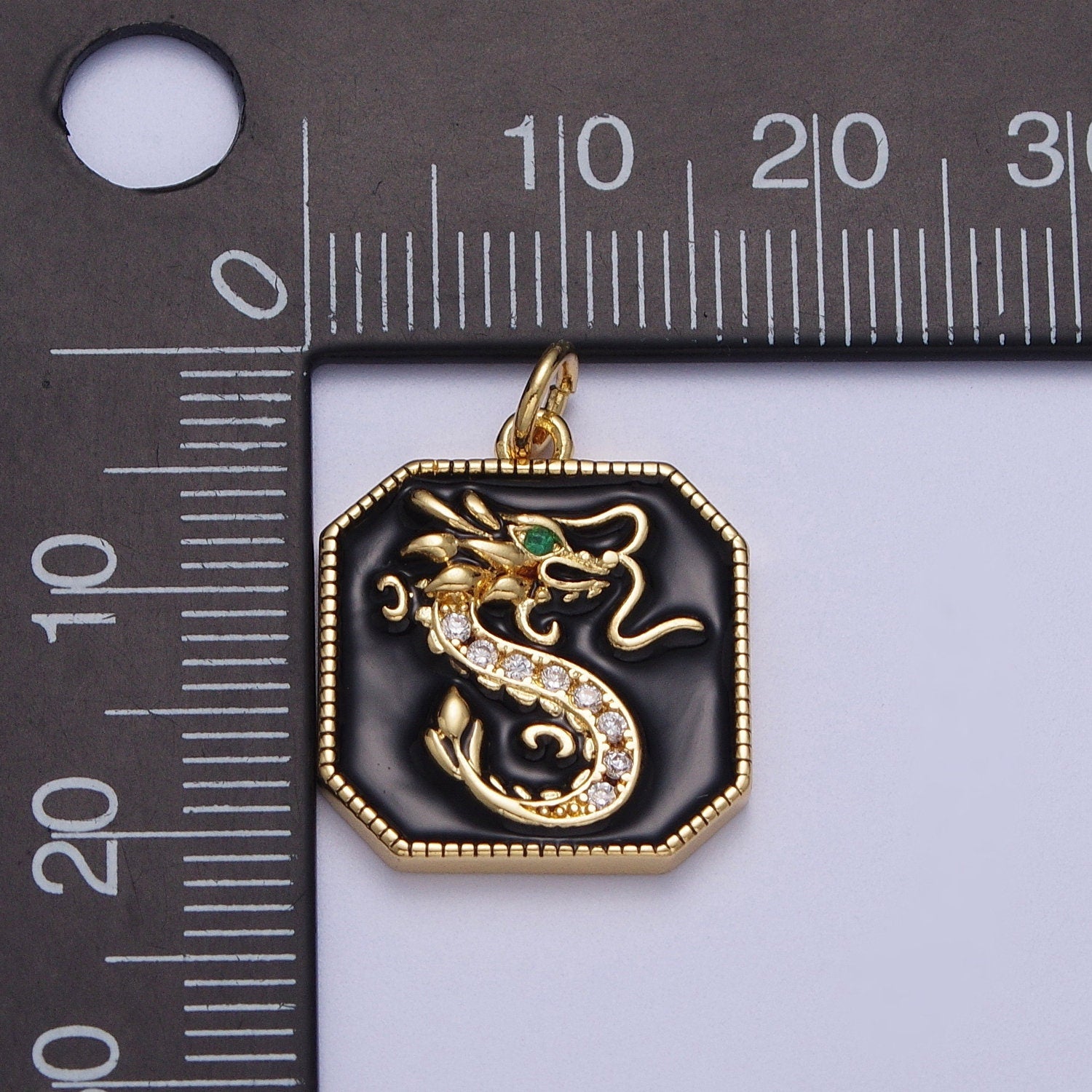 Gold/Silver Green-Eyed Dragon Pendant, GP Clear Micro Paved CZ Black Enamel Octagon Chinese Emerald Green Eye Dragon Charm | C-128