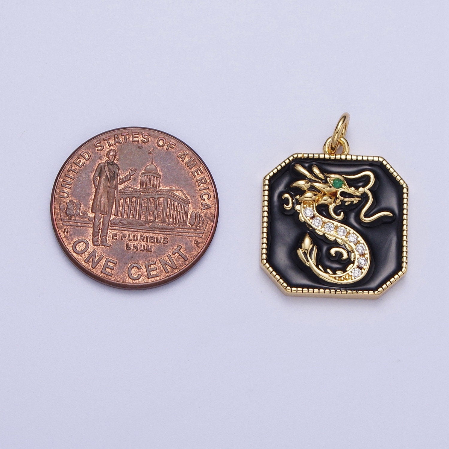 Gold/Silver Green-Eyed Dragon Pendant, GP Clear Micro Paved CZ Black Enamel Octagon Chinese Emerald Green Eye Dragon Charm | C-128