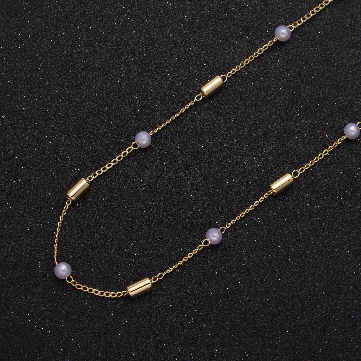 Unfinished Gold Pearl and Cylinder Tube Beaded Satellite Chain by Yard, 24K Gold Plated CCB Wholesale Bulk Satellite Roll Chain | ROLL-832