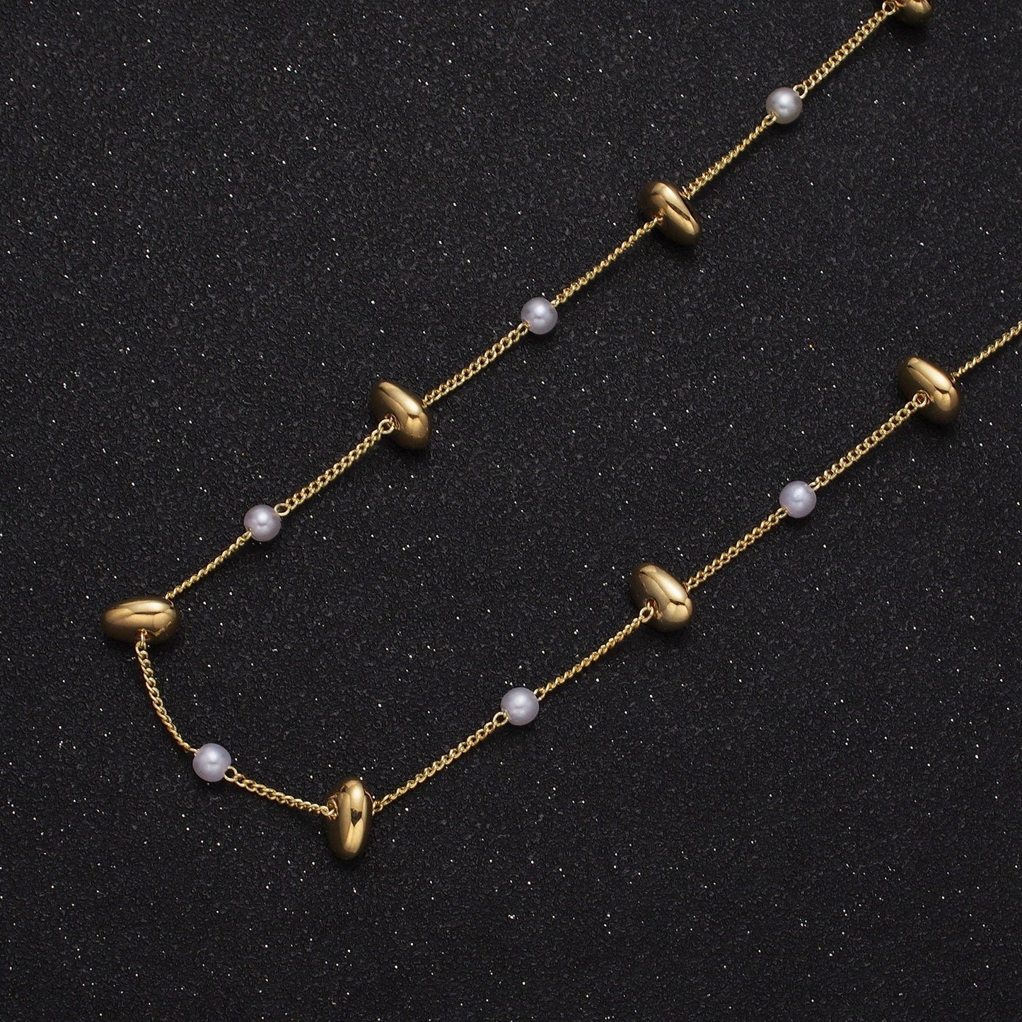 Unfinished Gold Pearl and Flat Stone Oval Beaded Satellite Chain by Yard, 24K Gold Plated CCB Wholesale Bulk Satellite Roll Chain | ROLL-834