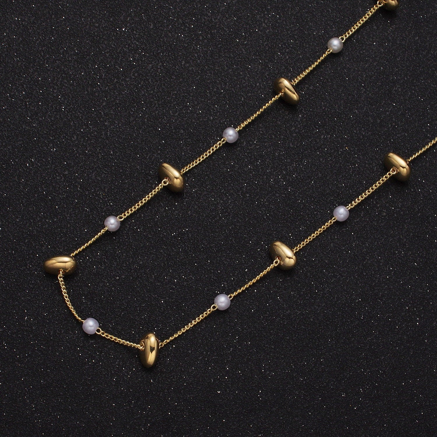 Unfinished Gold Pearl and Flat Stone Oval Beaded Satellite Chain by Yard, 24K Gold Plated CCB Wholesale Bulk Satellite Roll Chain | ROLL-834