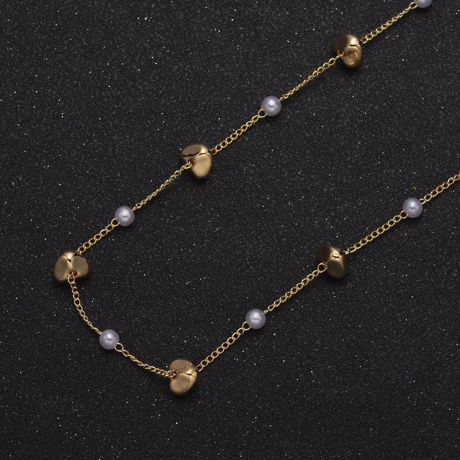 Unfinished Gold Pearl and Triangle-Shaped Beaded Satellite Chain by Yard, 24K Gold Plated CCB Wholesale Bulk Satellite Roll Chain | ROLL-841