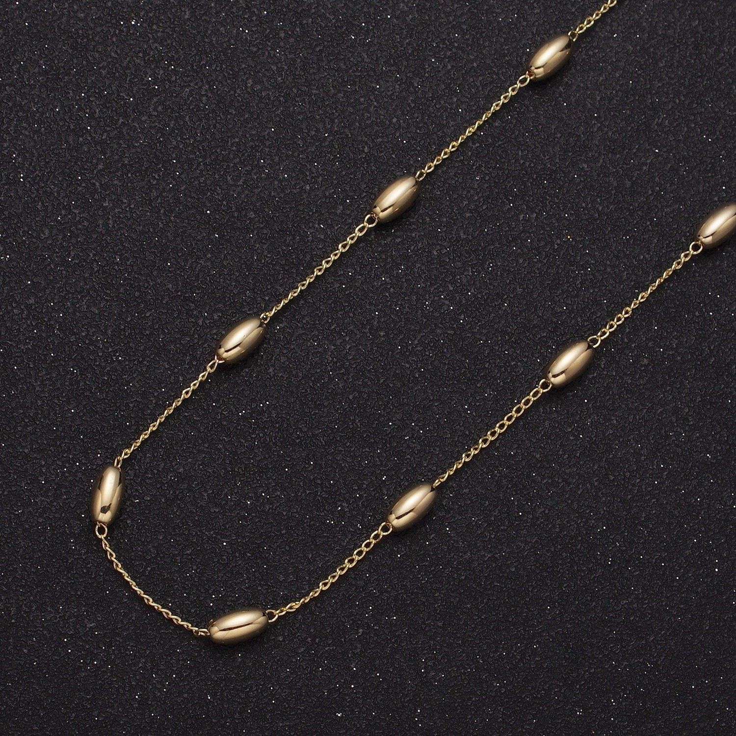 Unfinished Gold Mini Oblong Oval Beaded Satellite Chain by Yard, 24K Gold Plated CCB Wholesale Bulk Satellite Roll Chain | ROLL-843