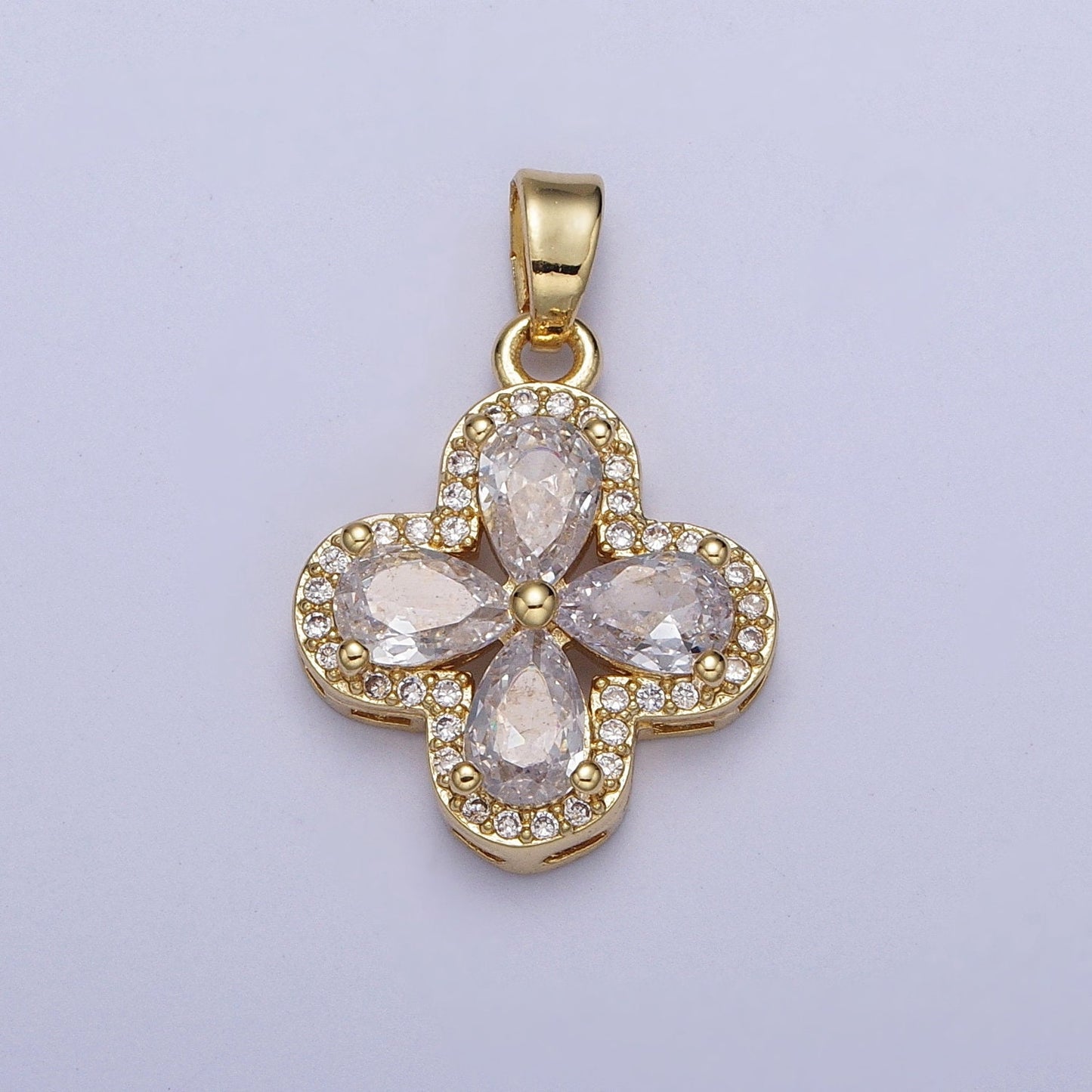Dainty Gold CZ Lucky Four-Leaf Clover Pendant, 24K Gold Plated Multicolor Petals CZ Crystals Clear Micro Pave Edged Charm | X-516~X-519