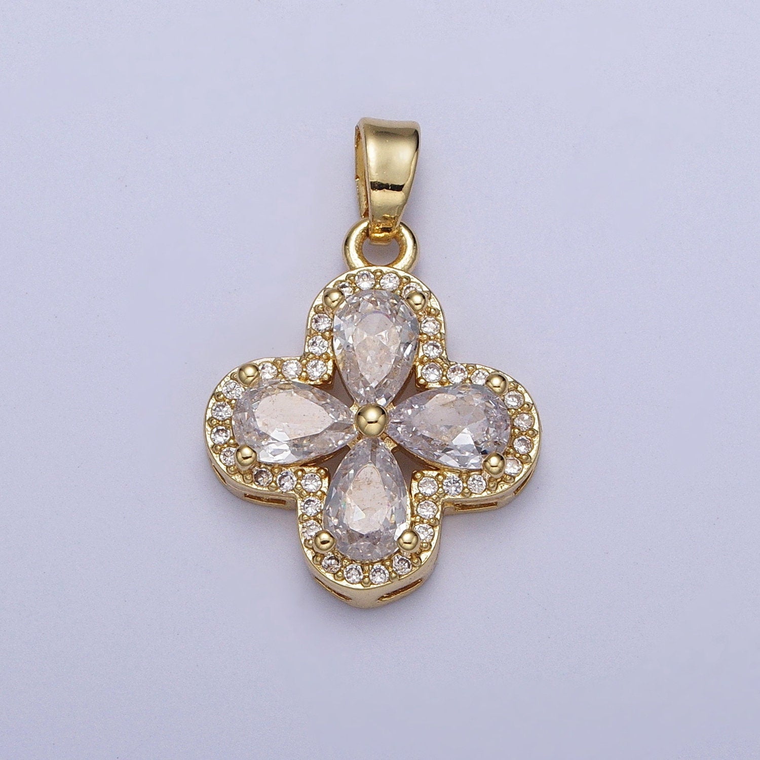 Dainty Gold CZ Lucky Four-Leaf Clover Pendant, 24K Gold Plated Multicolor Petals CZ Crystals Clear Micro Pave Edged Charm | X-516~X-519