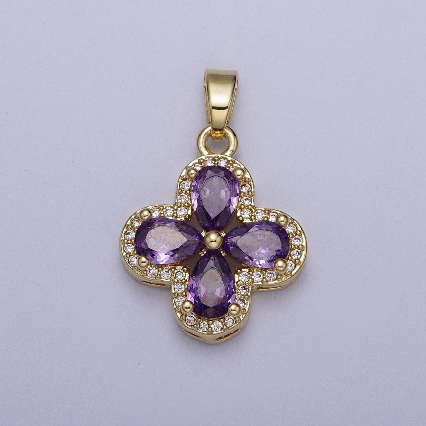 Dainty Gold CZ Lucky Four-Leaf Clover Pendant, 24K Gold Plated Multicolor Petals CZ Crystals Clear Micro Pave Edged Charm | X-516~X-519