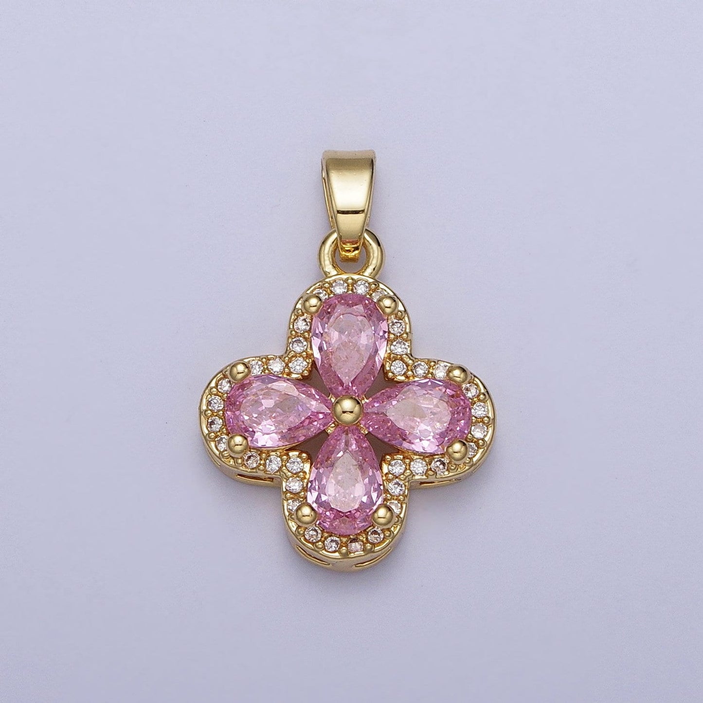 Dainty Gold CZ Lucky Four-Leaf Clover Pendant, 24K Gold Plated Multicolor Petals CZ Crystals Clear Micro Pave Edged Charm | X-516~X-519