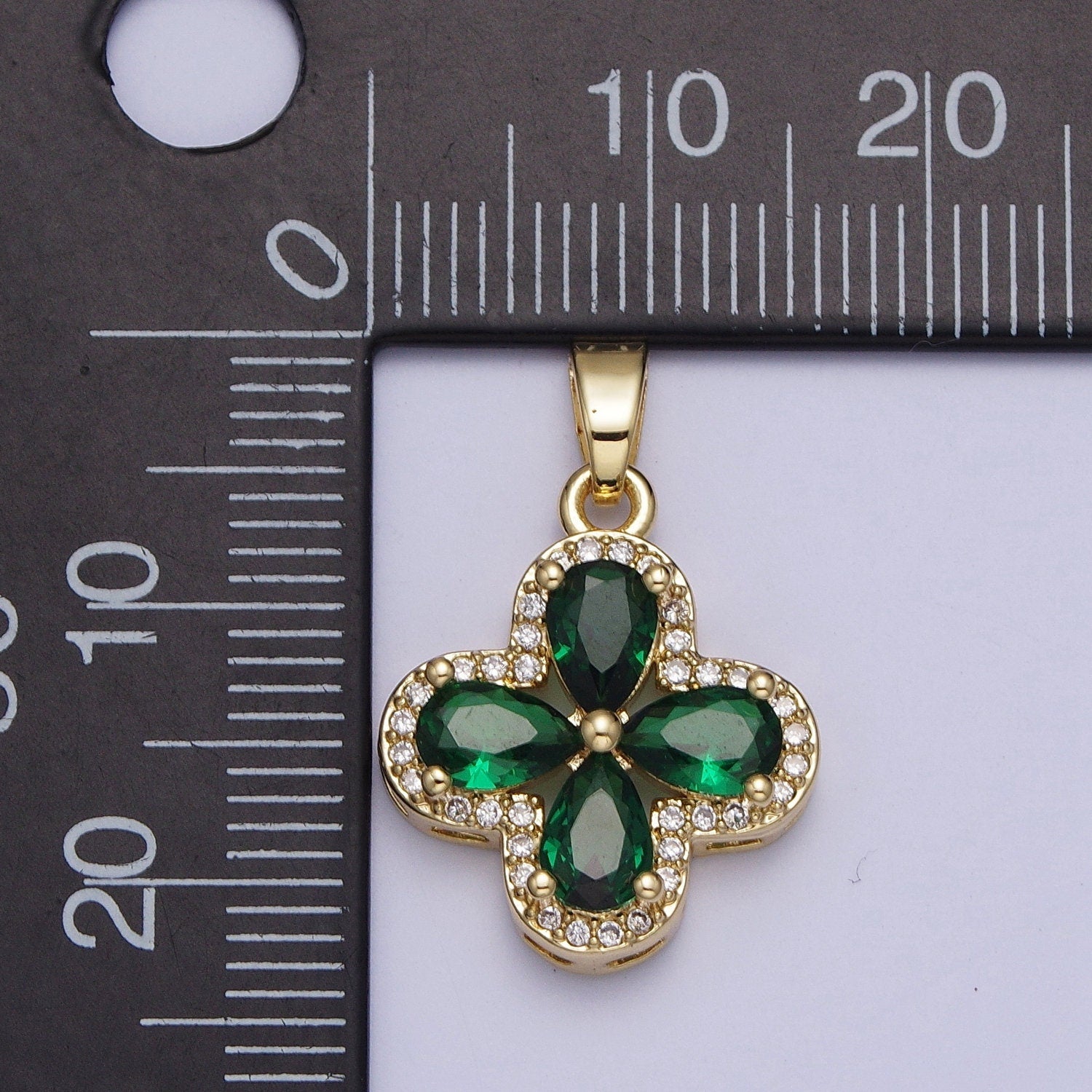Dainty Gold CZ Lucky Four-Leaf Clover Pendant, 24K Gold Plated Multicolor Petals CZ Crystals Clear Micro Pave Edged Charm | X-516~X-519