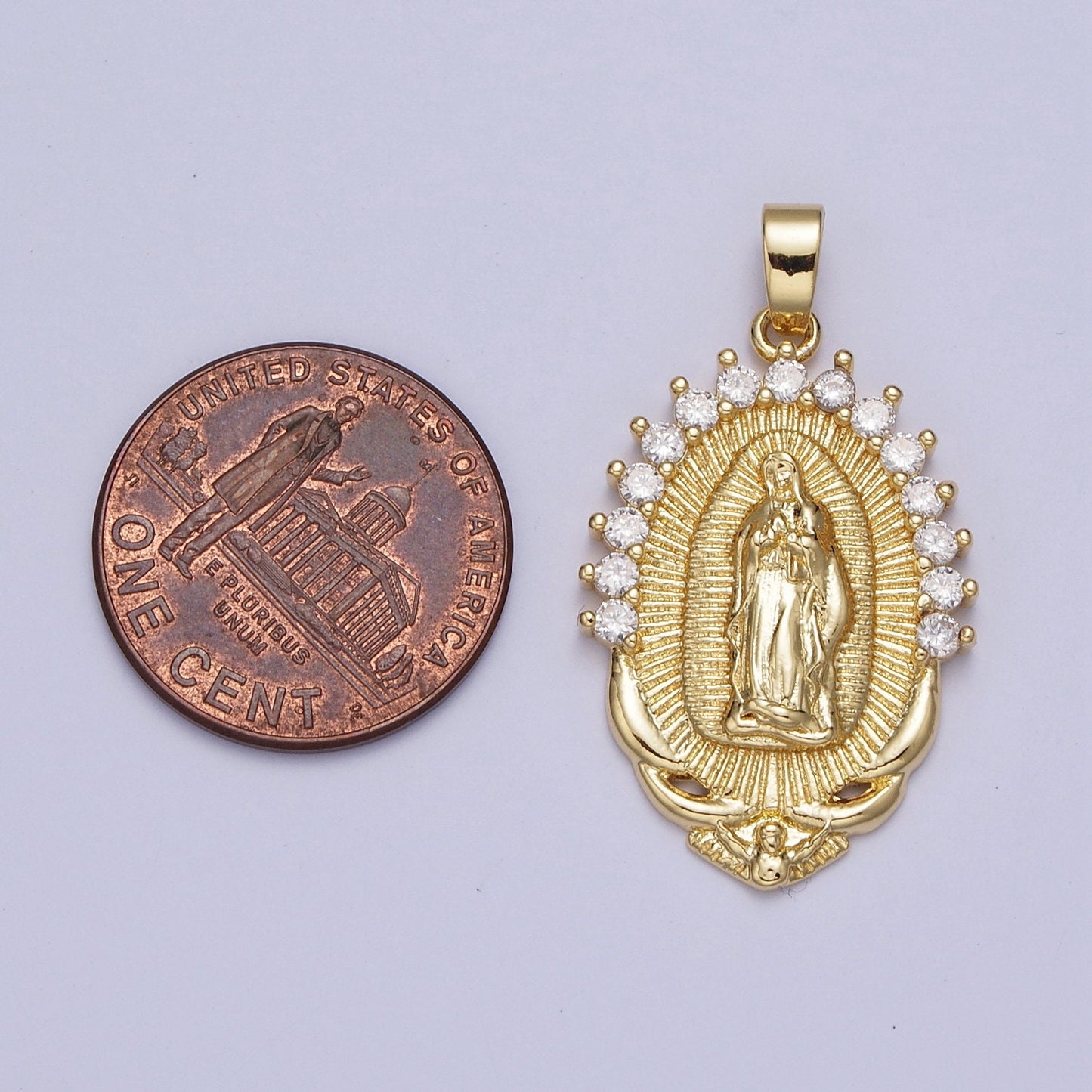 Our Lady of Guadalupe CZ Pendant, 24K Gold Plated Virgin Mary Lady of Lourdes Catholic Bijoux Sunburst Clear Micro Pave CZ Charm | X-522