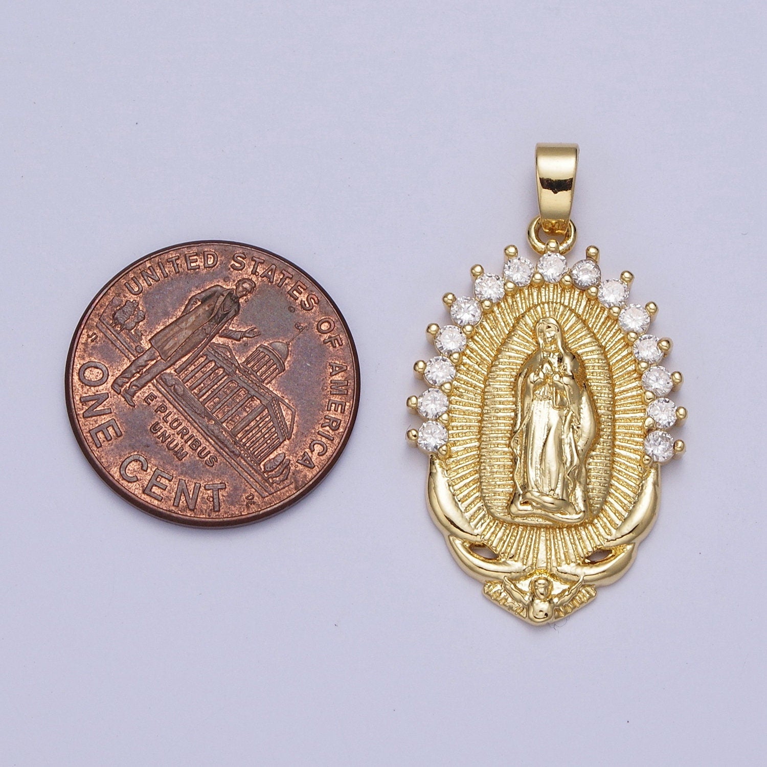 Our Lady of Guadalupe CZ Pendant, 24K Gold Plated Virgin Mary Lady of Lourdes Catholic Bijoux Sunburst Clear Micro Pave CZ Charm | X-522