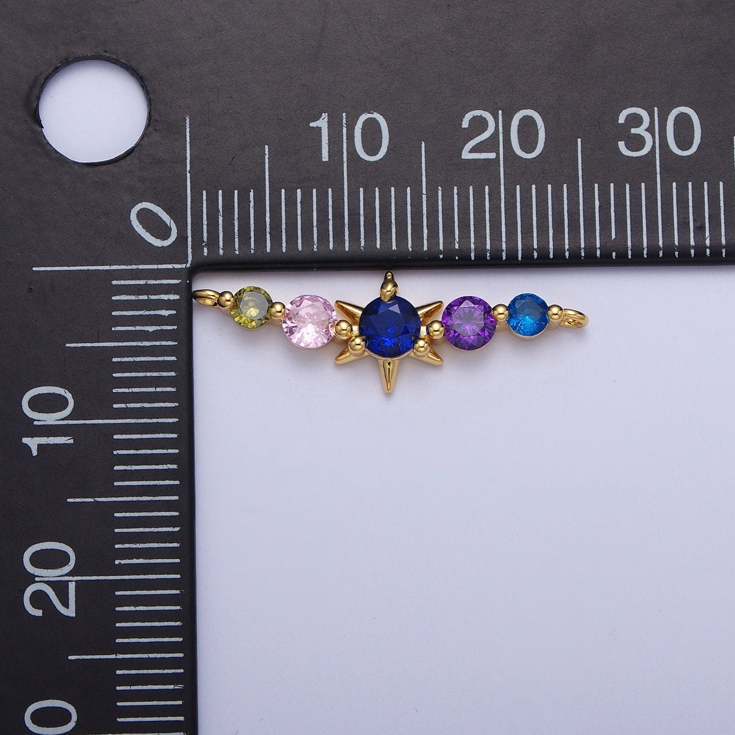 Daity Linked Micro Pave Round CZ Crystals Blue Star Link Connector, 24K Gold Plated Celestial Long Cubic Zirconia Charm Connector | G-556