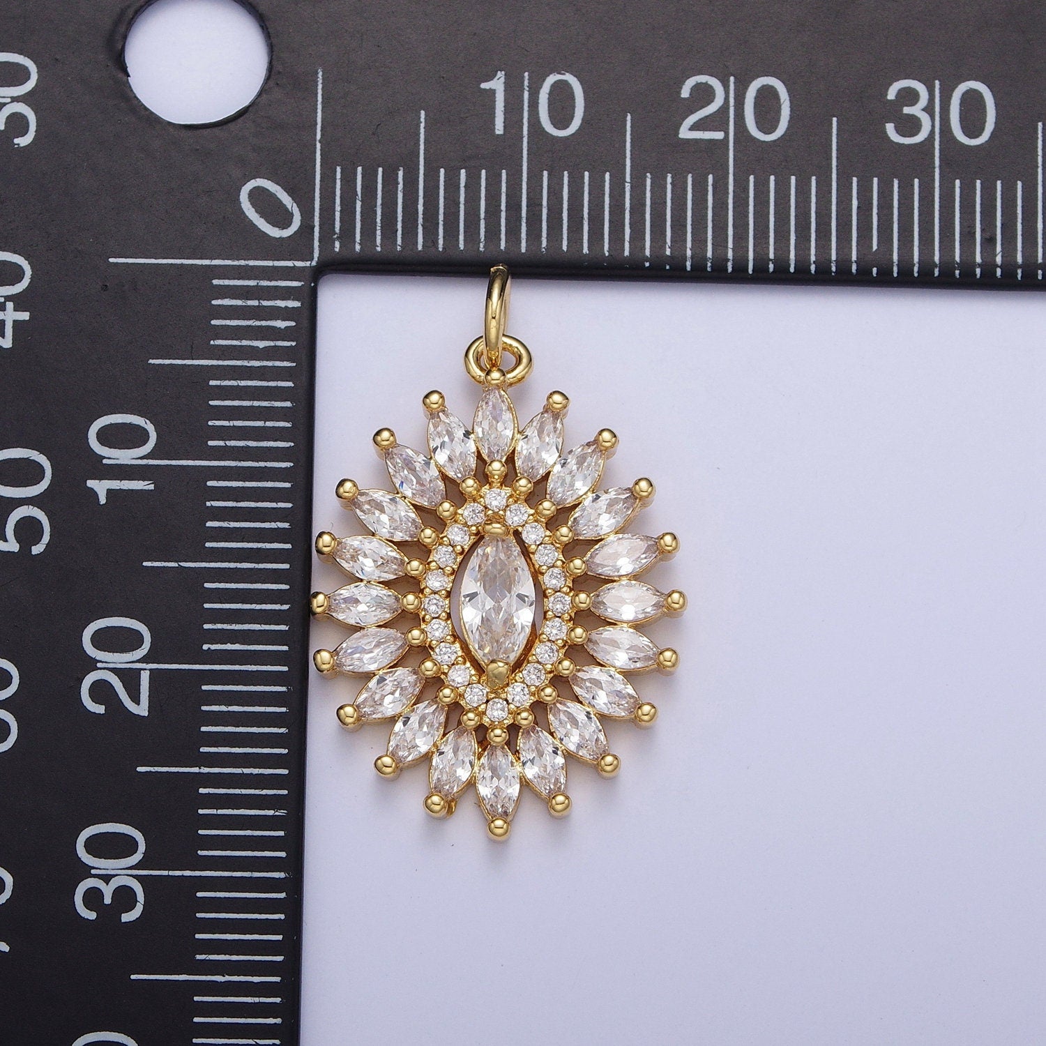 Linked Clear Marquise Cubic Zirconia Crystals Gold Oval Pendant, 24K Gold Plated Clear Micro Paved CZ Marquise Oval Charm | C-880