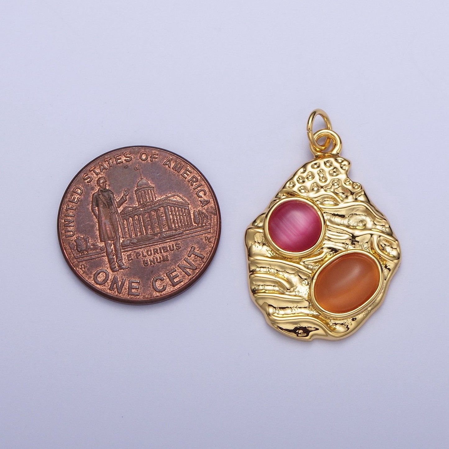Gold Abstract Textured Pendant, 24K Gold Plated Rogue Pink & Ochre Orange Cabochon Cat's Eye Gemstones Abstract Charm | X-747