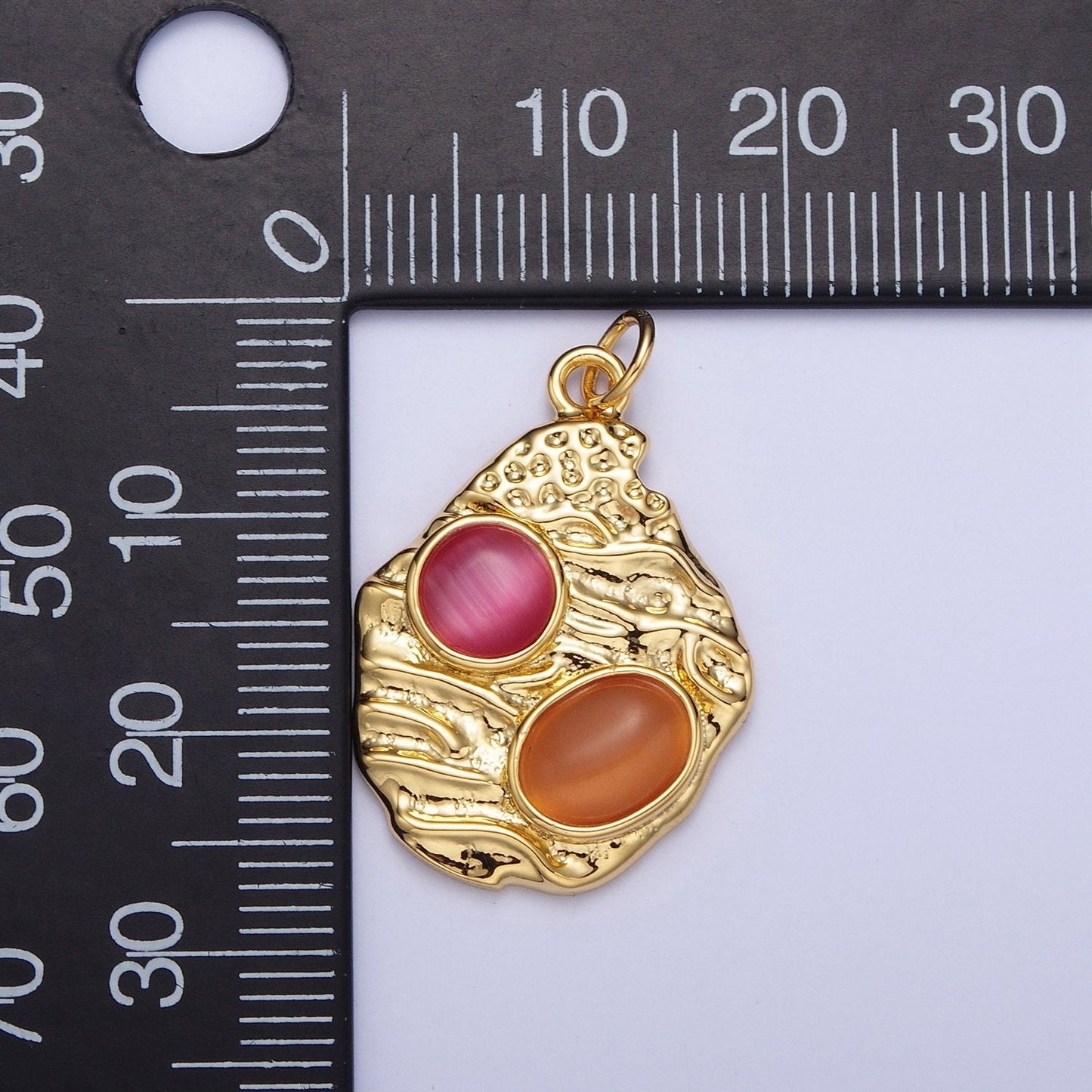 Gold Abstract Textured Pendant, 24K Gold Plated Rogue Pink & Ochre Orange Cabochon Cat's Eye Gemstones Abstract Charm | X-747