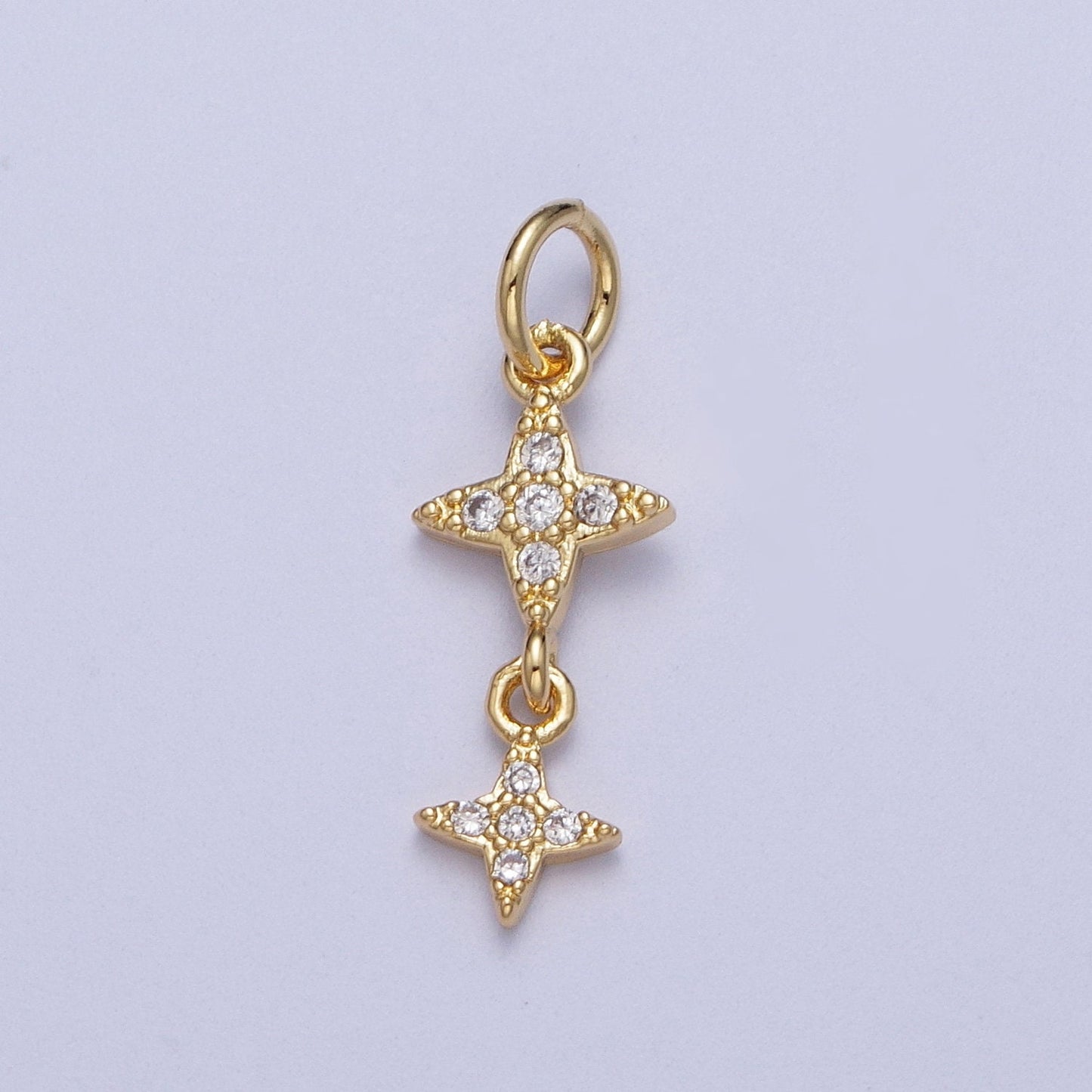 Two Linked Tiny CZ Gold North Stars Pendant | 14K Gold Plated Four-Point Stars w. Clear Micro Pave Cubic Zirconia Stones Charm | X-720