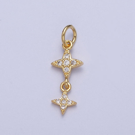 Two Linked Tiny CZ Gold North Stars Pendant | 14K Gold Plated Four-Point Stars w. Clear Micro Pave Cubic Zirconia Stones Charm | X-720